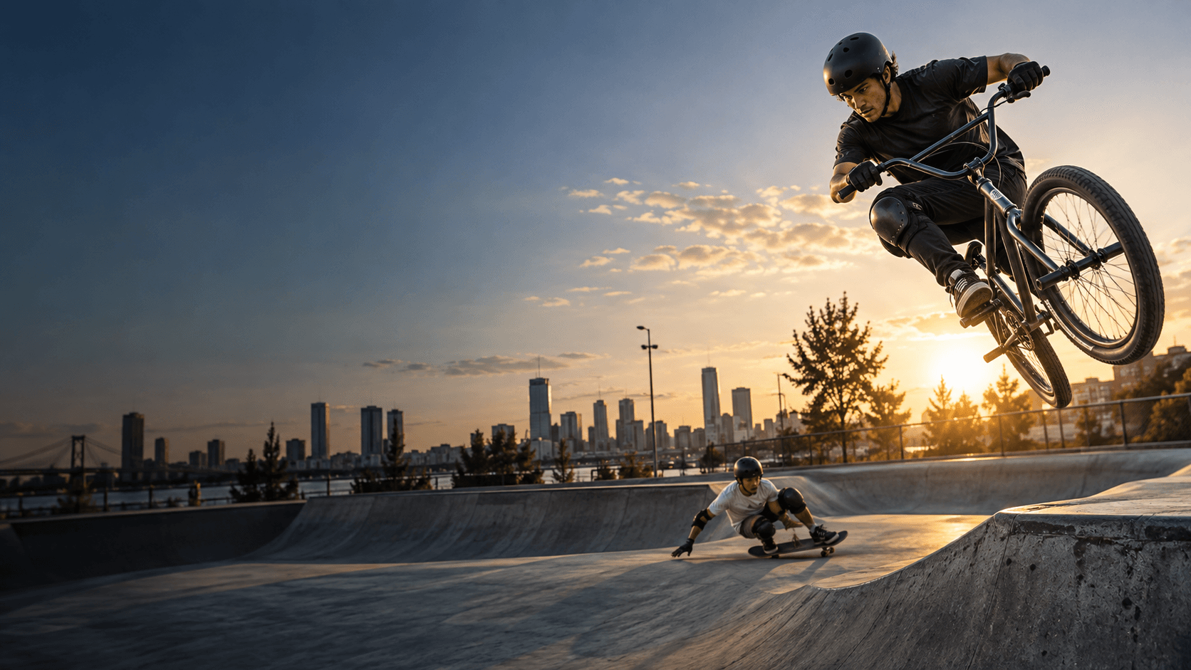 BMX and skateboard action at an outdoor extreme sports park